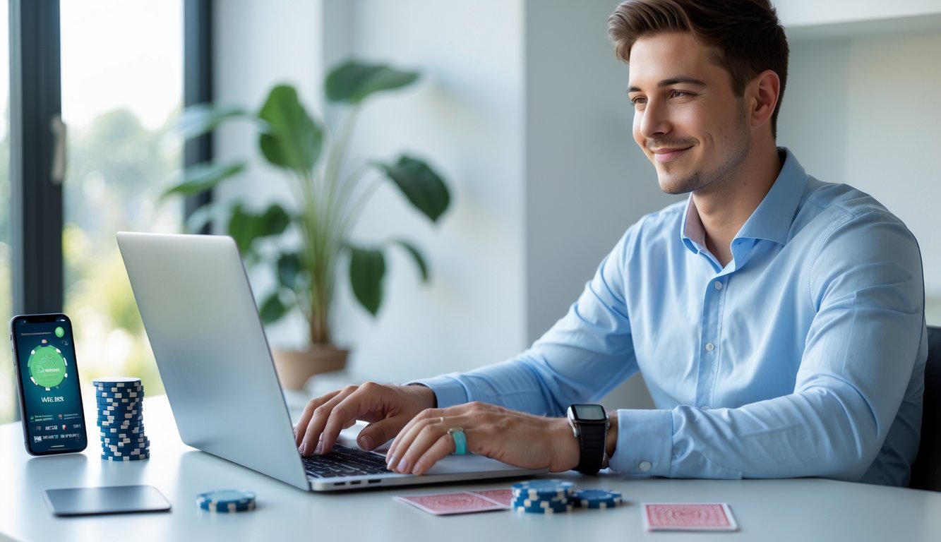 Seorang pria muda duduk di meja modern dengan laptop dan chip poker, tersenyum sambil bermain poker online di ruang kerja yang terang dan rapi.