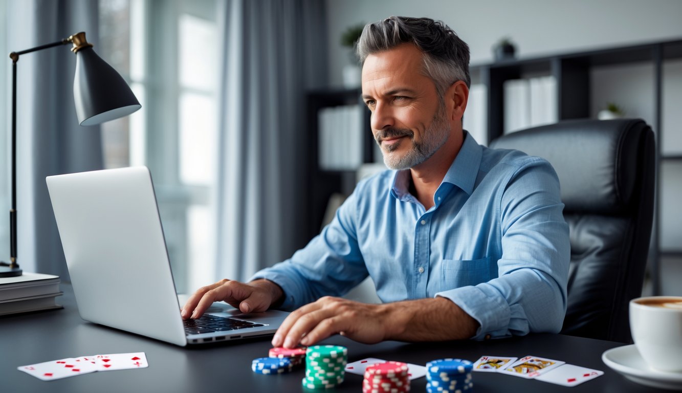 Seorang pria dewasa duduk di meja dengan laptop, tampak fokus menggunakan platform poker online dengan chip dan kartu poker di meja.