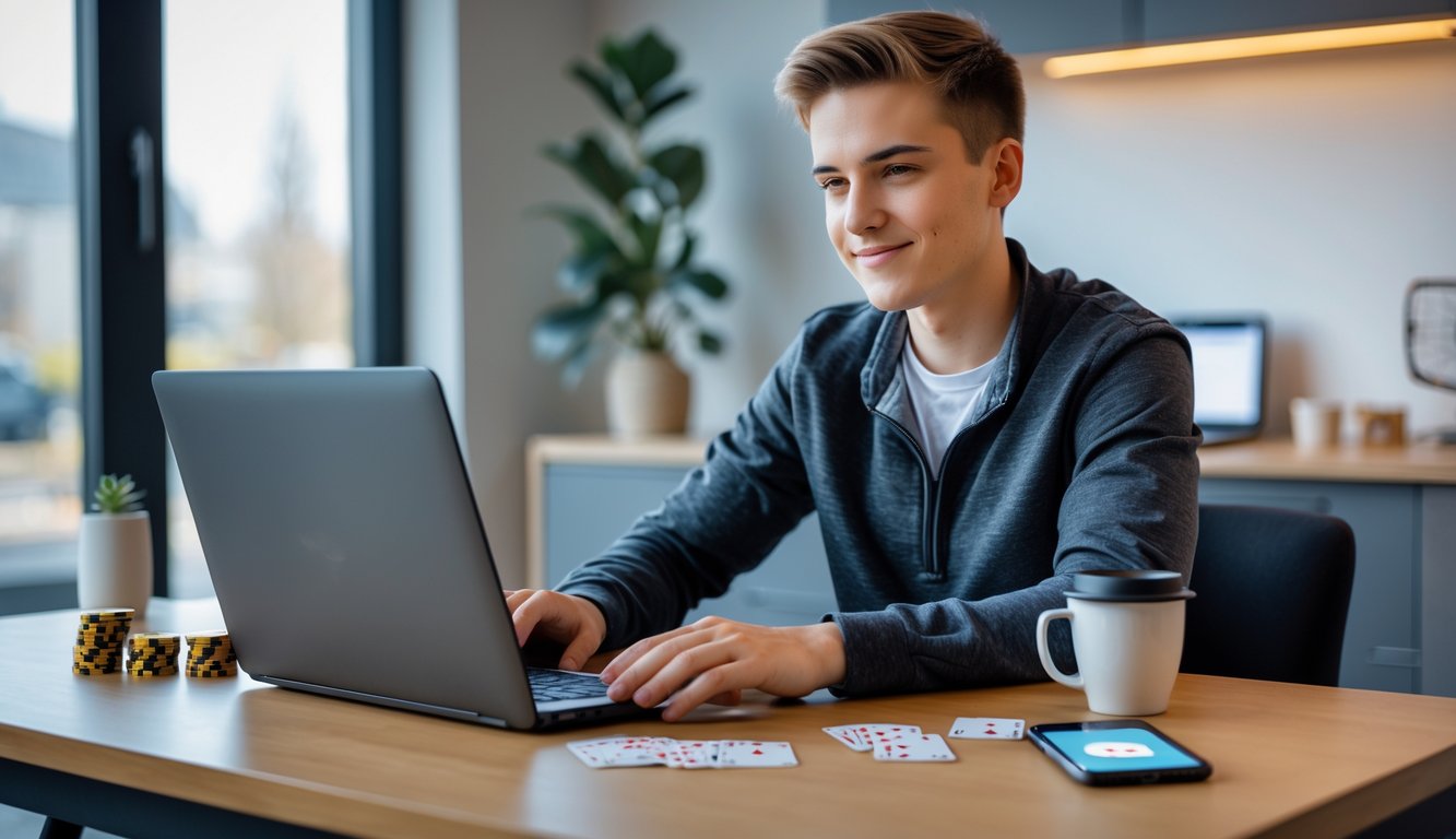 Seorang pemain muda yang percaya diri sedang bermain poker online menggunakan laptop di ruangan modern dengan meja yang rapi dan perlengkapan poker di sekitarnya.