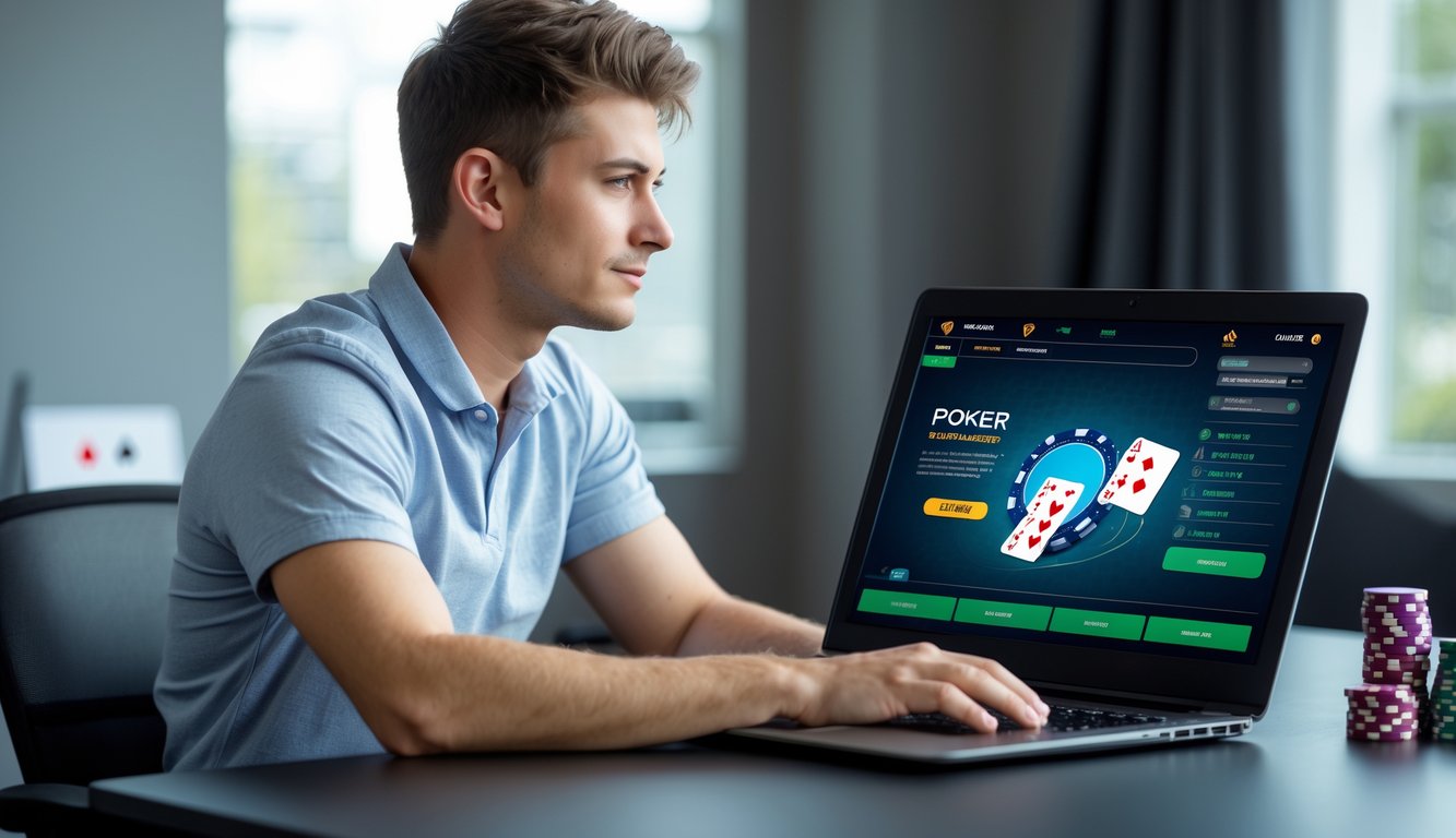 Seorang pria muda duduk di depan laptop dengan tampilan permainan poker online, fokus dan serius di ruangan modern dengan kartu dan chip poker di latar belakang.