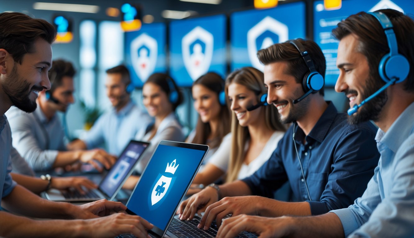 Orang-orang bermain poker online di kantor modern dengan agen dukungan pelanggan yang ramah membantu mereka.