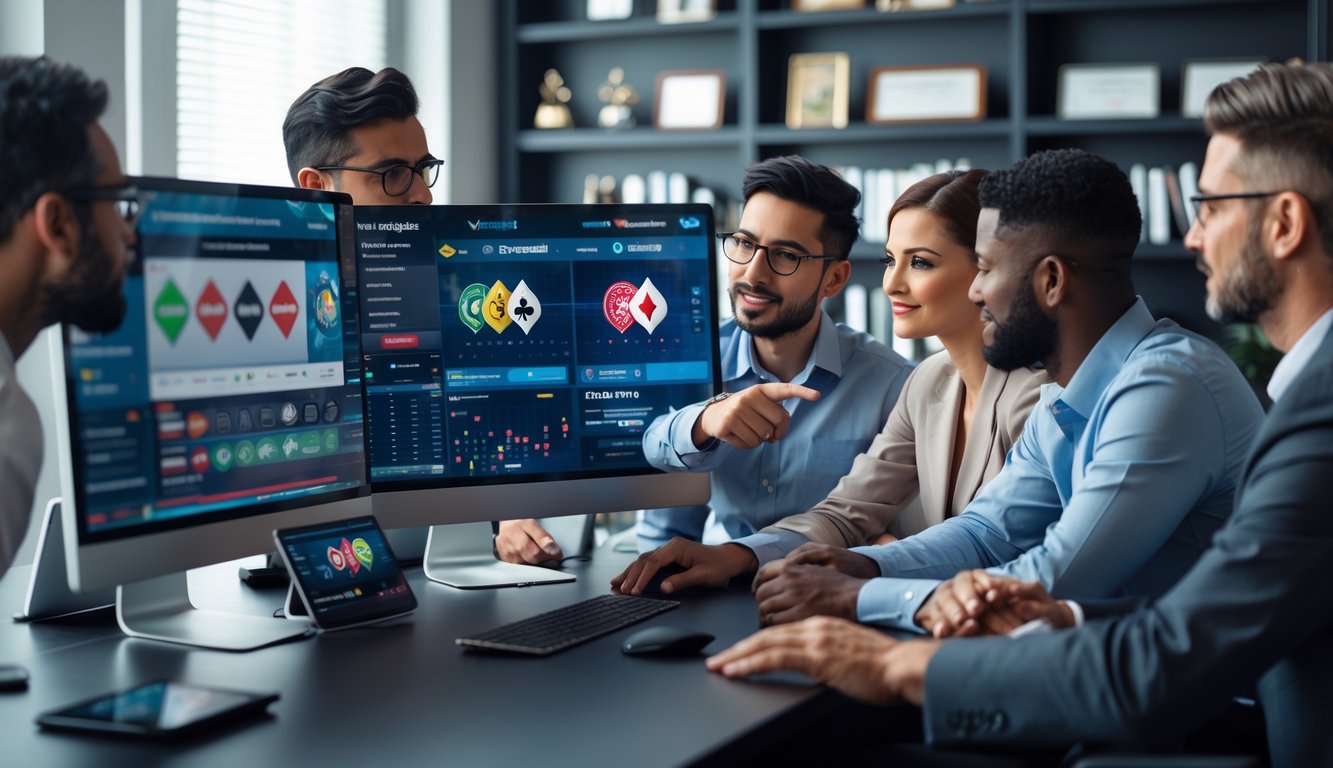 Sekelompok orang sedang berdiskusi di kantor dengan komputer yang menampilkan permainan poker online.