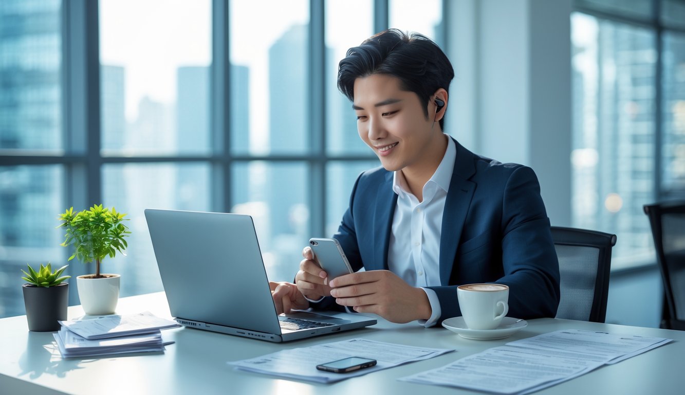 Seorang pria muda duduk di meja kantor menggunakan laptop dan ponsel, terlihat fokus melakukan transaksi online dengan dokumen dan tanaman kecil di meja.