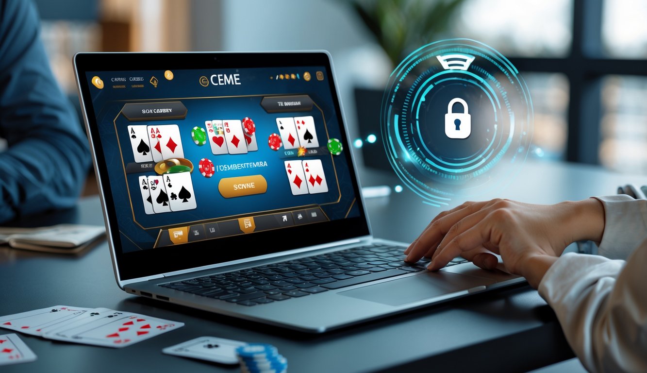 Seseorang bermain permainan kartu online Ceme di laptop di ruang kerja yang bersih dan terang.