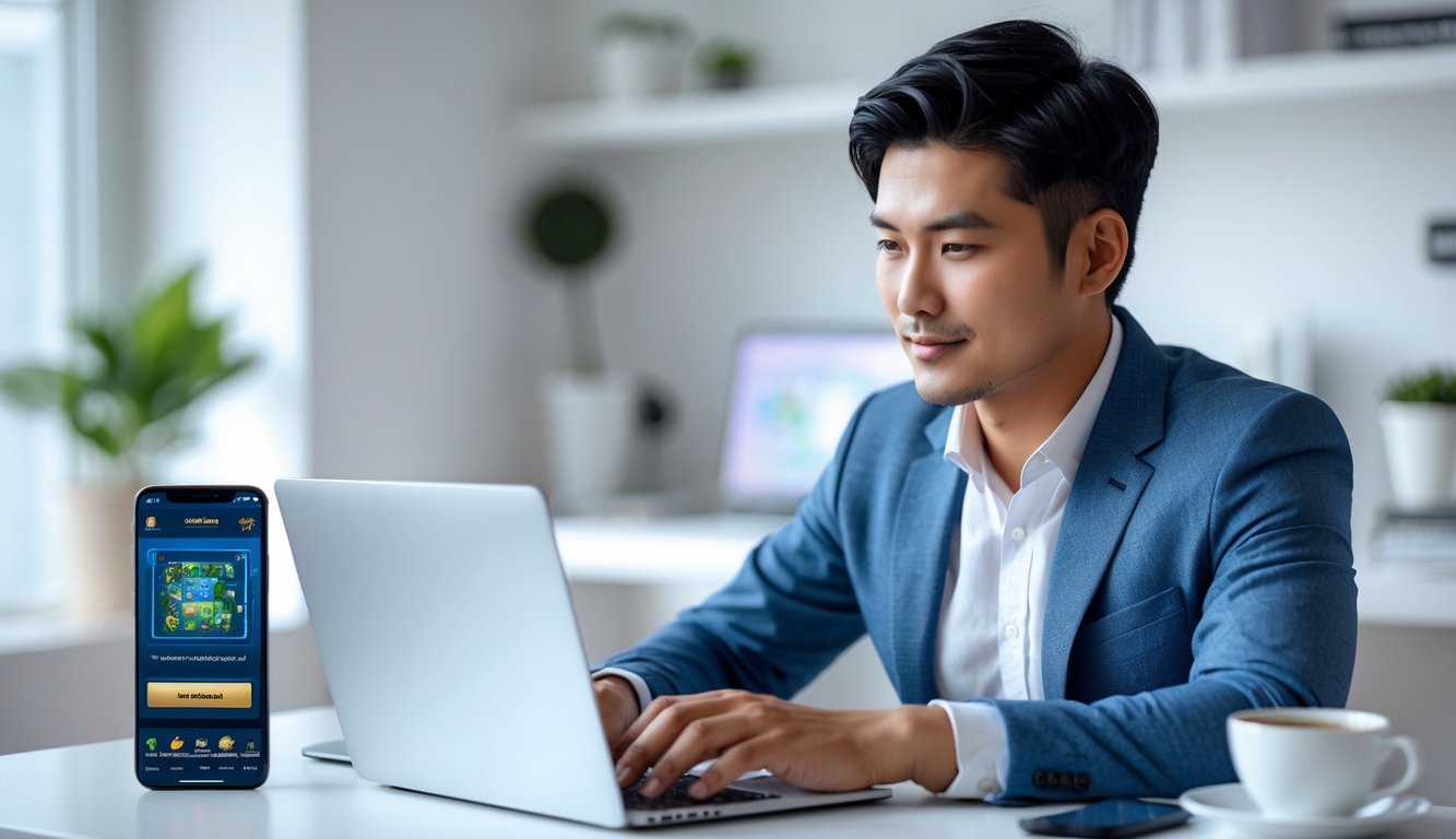 Seorang pria Asia Tenggara duduk di meja dengan laptop, terlihat fokus di ruang kerja rumah yang terang dan rapi.