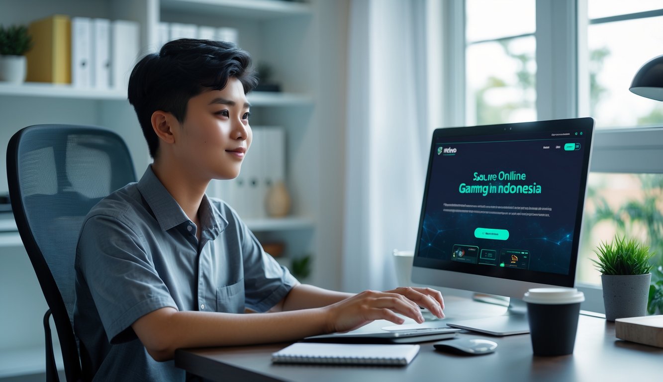 Seorang pemuda Indonesia duduk di meja kerja dengan laptop, terlihat fokus dan percaya diri menggunakan situs permainan online yang aman.