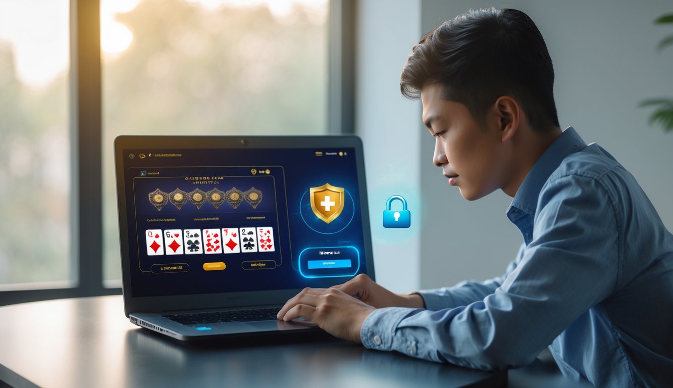 Seorang dewasa muda Indonesia duduk di meja dengan laptop, fokus pada permainan kartu online di layar, dengan suasana ruangan yang terang dan nyaman.