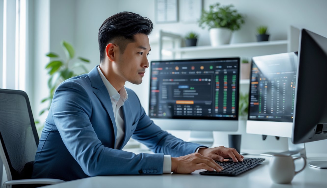 Seorang pria Asia Tenggara duduk di meja kerja dengan beberapa layar komputer menampilkan grafik dan antarmuka permainan online, sedang menganalisis data dengan serius di ruang kantor rumah yang rapi.