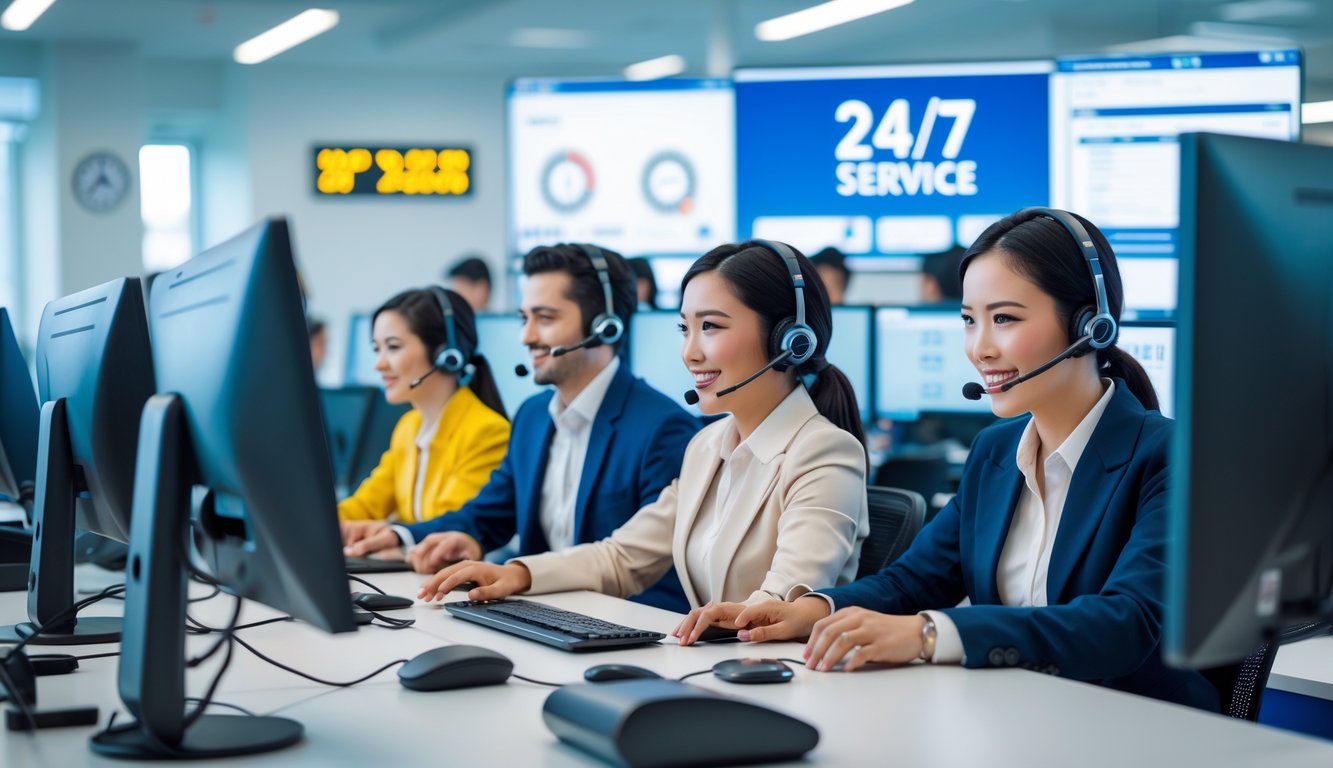 Tim layanan pelanggan sedang bekerja di kantor dengan komputer dan headset, menunjukkan layanan online 24 jam.