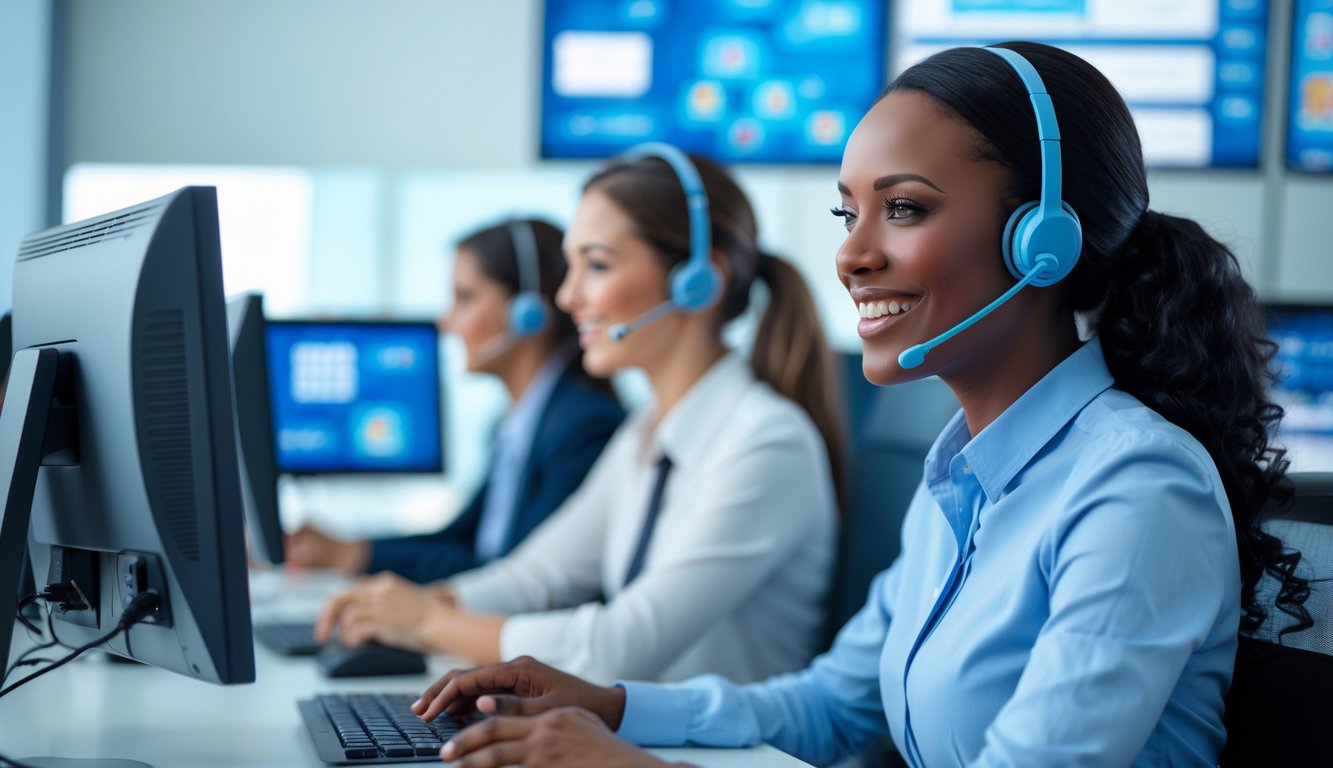 Seorang petugas layanan pelanggan yang ramah sedang bekerja dengan headset di pusat layanan modern dengan beberapa monitor di latar belakang.
