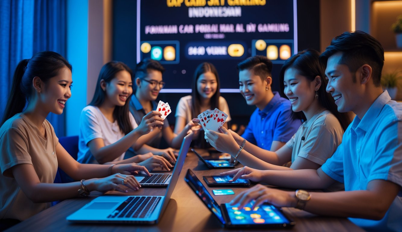 Beberapa orang muda bermain permainan kartu online dengan antusias di sebuah ruangan modern yang nyaman.