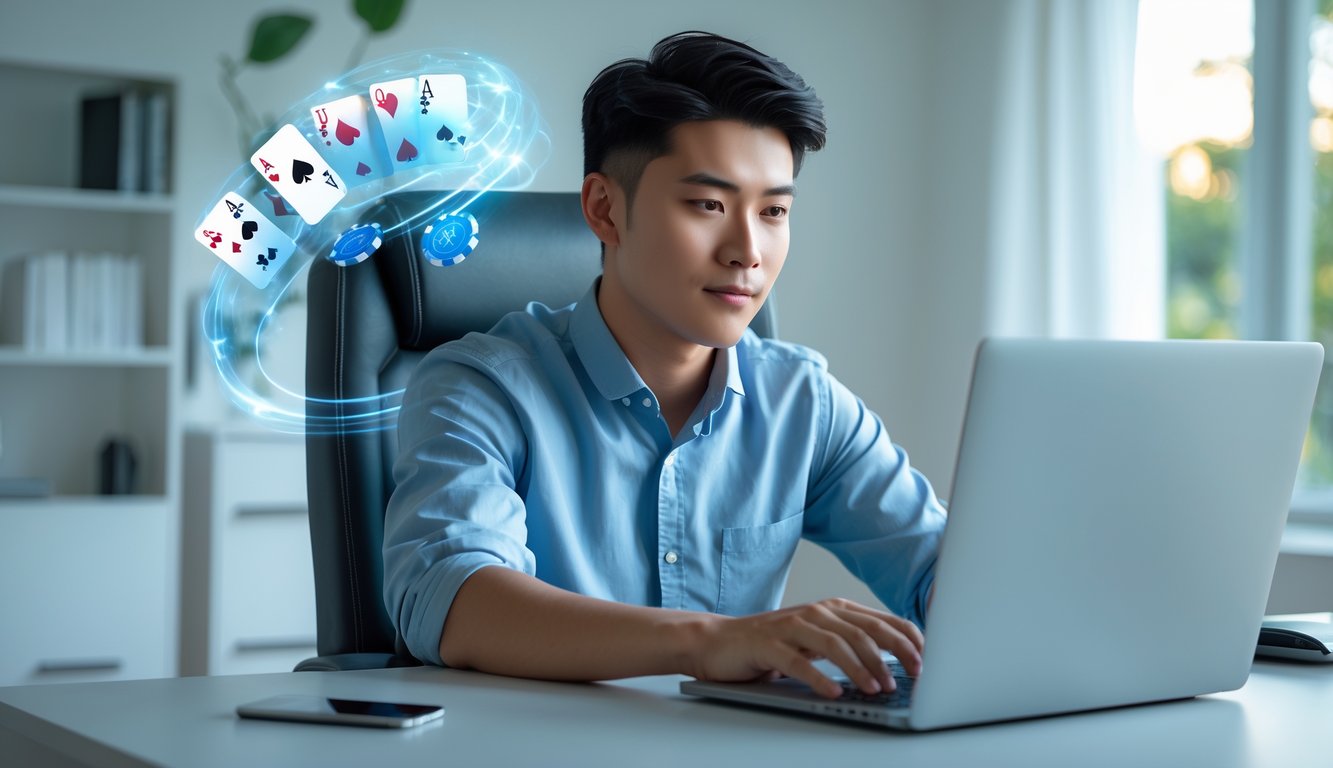 Seorang pria muda duduk di meja dengan laptop di ruang kerja modern, terlihat fokus dan percaya diri.