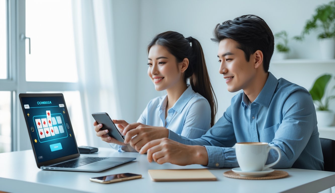 Dua orang muda duduk di meja dengan laptop, bermain permainan kartu online bersama dalam ruangan yang terang dan rapi.