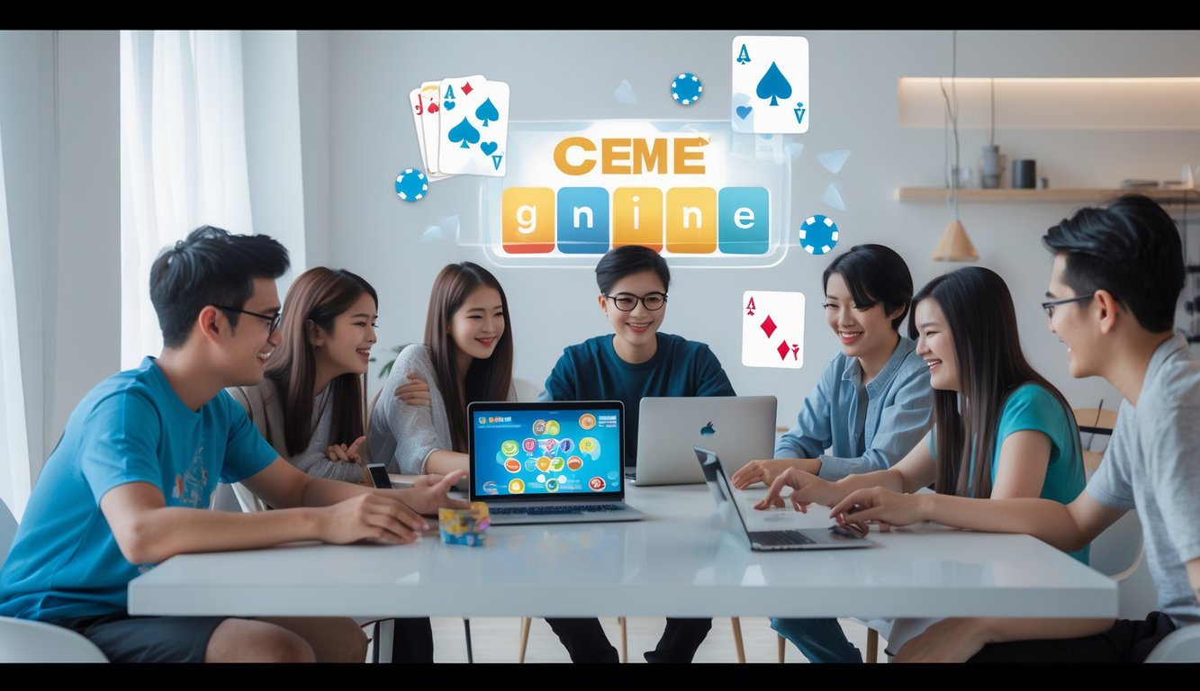 Sekelompok orang muda berkumpul di meja dengan laptop dan ponsel, bermain permainan kartu online Ceme dalam ruangan terang dan modern.
