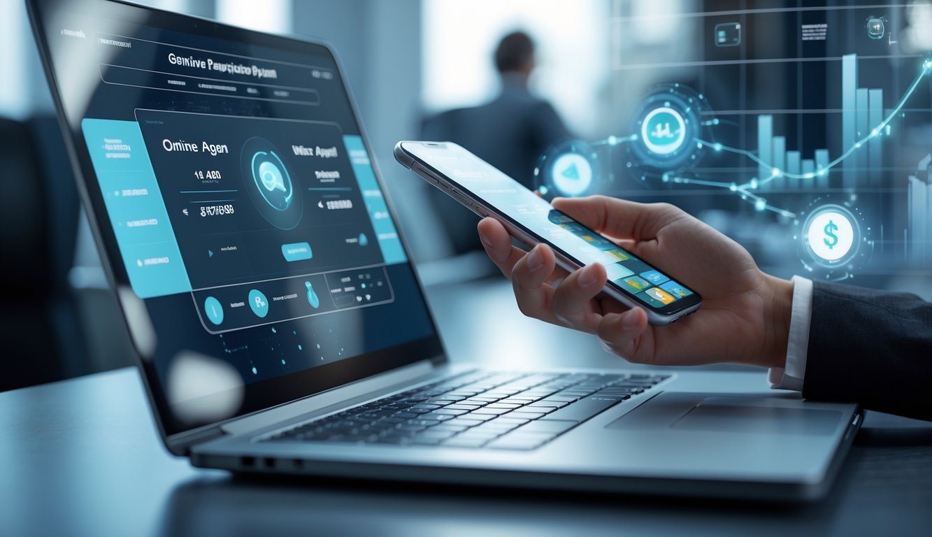 Seorang pria menggunakan smartphone dan laptop di meja kerja modern yang menampilkan sistem pembayaran otomatis untuk agen Ceme online tanpa potongan.