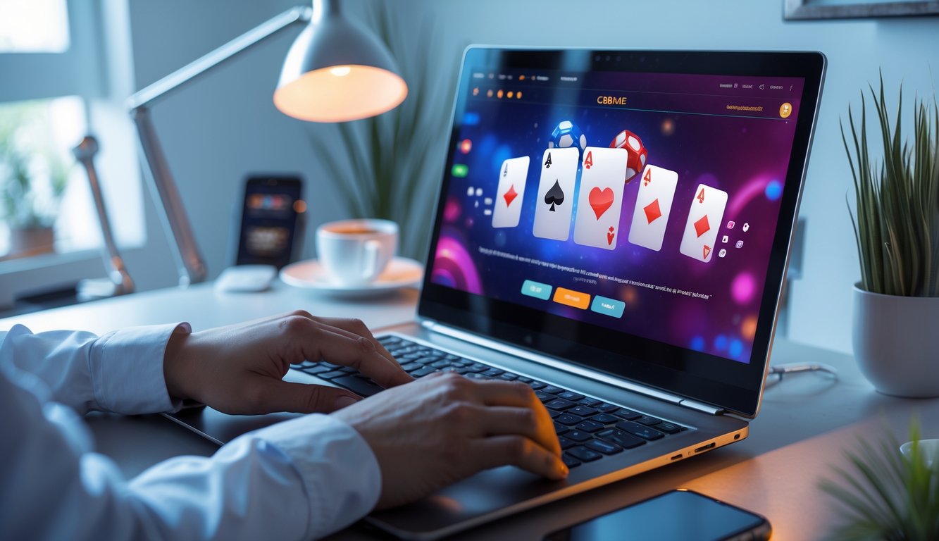 Seseorang sedang bermain permainan Ceme online di komputer dengan suasana ruangan yang rapi dan nyaman.