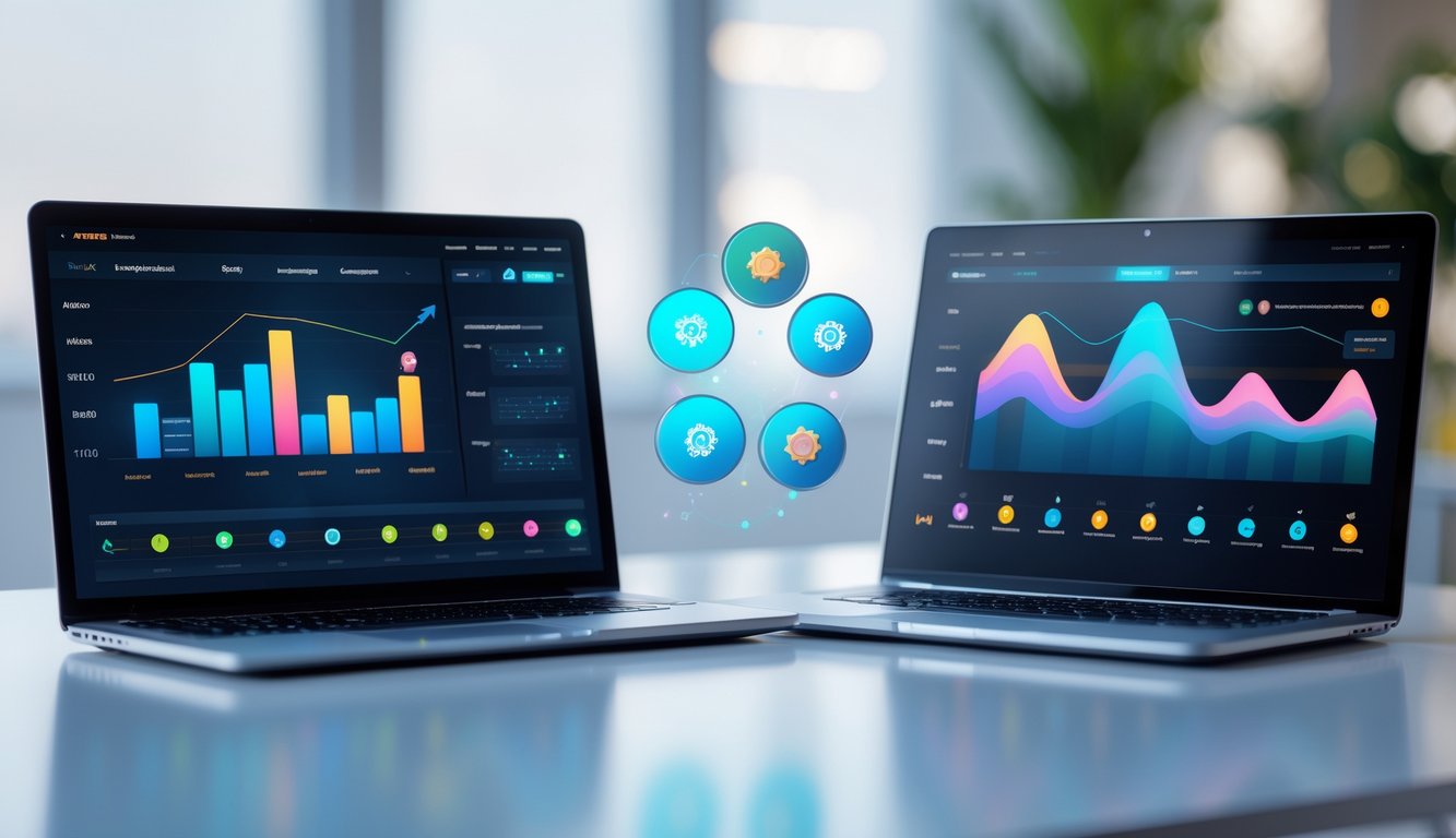 Dua laptop berdampingan di atas meja dengan grafik dan ikon yang mewakili perbandingan agen ceme online populer.