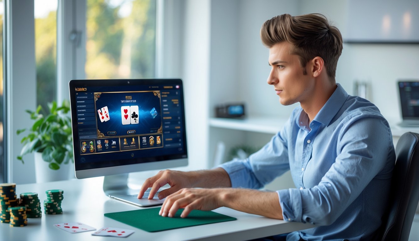 Seorang pria muda duduk di meja kerja dengan laptop, fokus bermain kartu secara online di ruang kerja yang rapi.