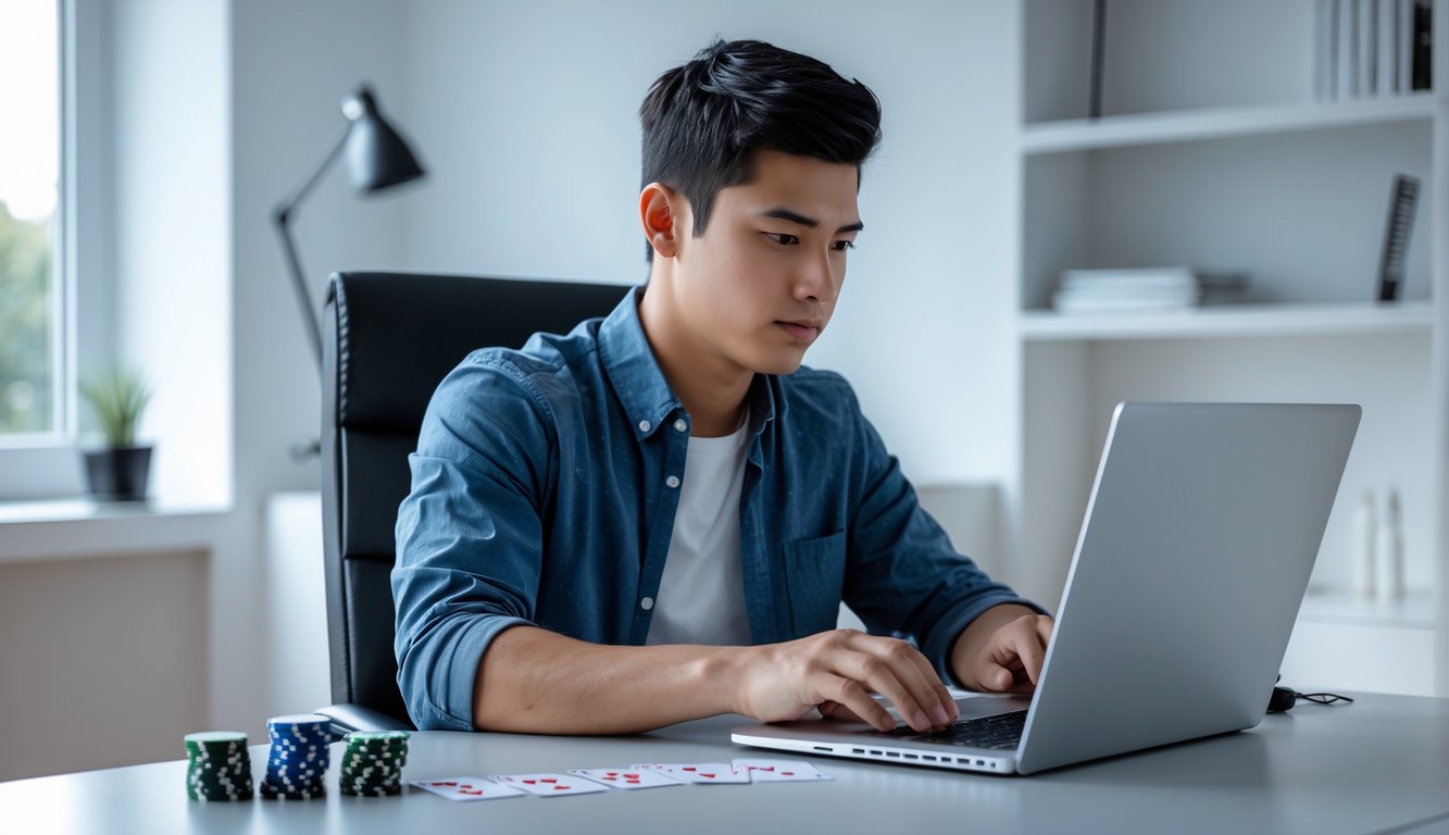Seorang pria muda fokus bermain permainan kartu online di laptop di ruang kerja modern yang terang.