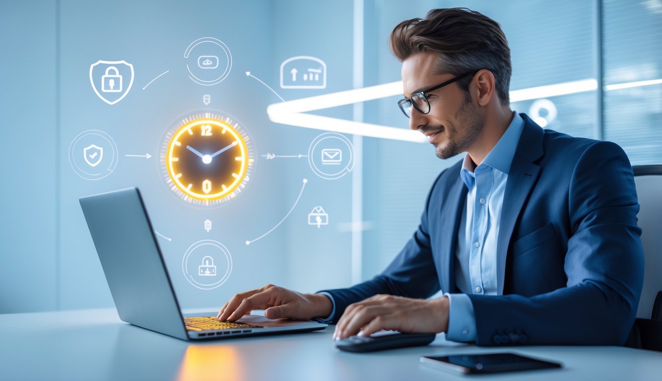 Seorang profesional duduk di meja kantor modern menggunakan laptop dengan latar belakang minimalis dan elemen yang menunjukkan kecepatan dan kepercayaan dalam transaksi online.