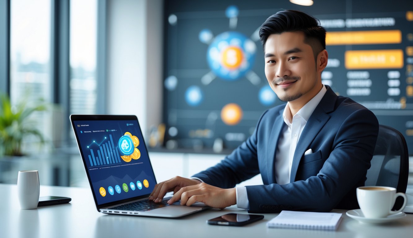 Seorang pria Asia mengenakan pakaian rapi duduk di meja kantor modern menggunakan laptop dengan grafik keuangan di layar, di latar belakang suasana kantor kontemporer dengan elemen teknologi digital.