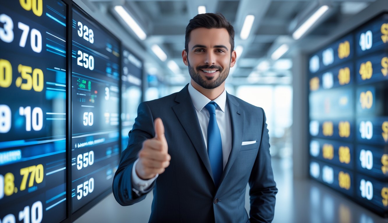 Seorang pria bisnis percaya diri di kantor modern dengan layar digital yang menampilkan angka dan simbol terkait lotere.