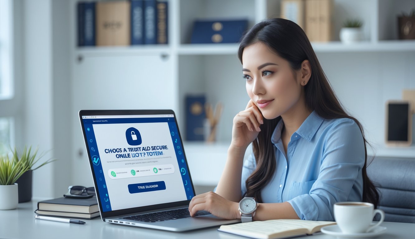 Seorang wanita muda duduk di meja kerja dengan laptop, tampak fokus memilih platform togel online yang aman dan terpercaya.