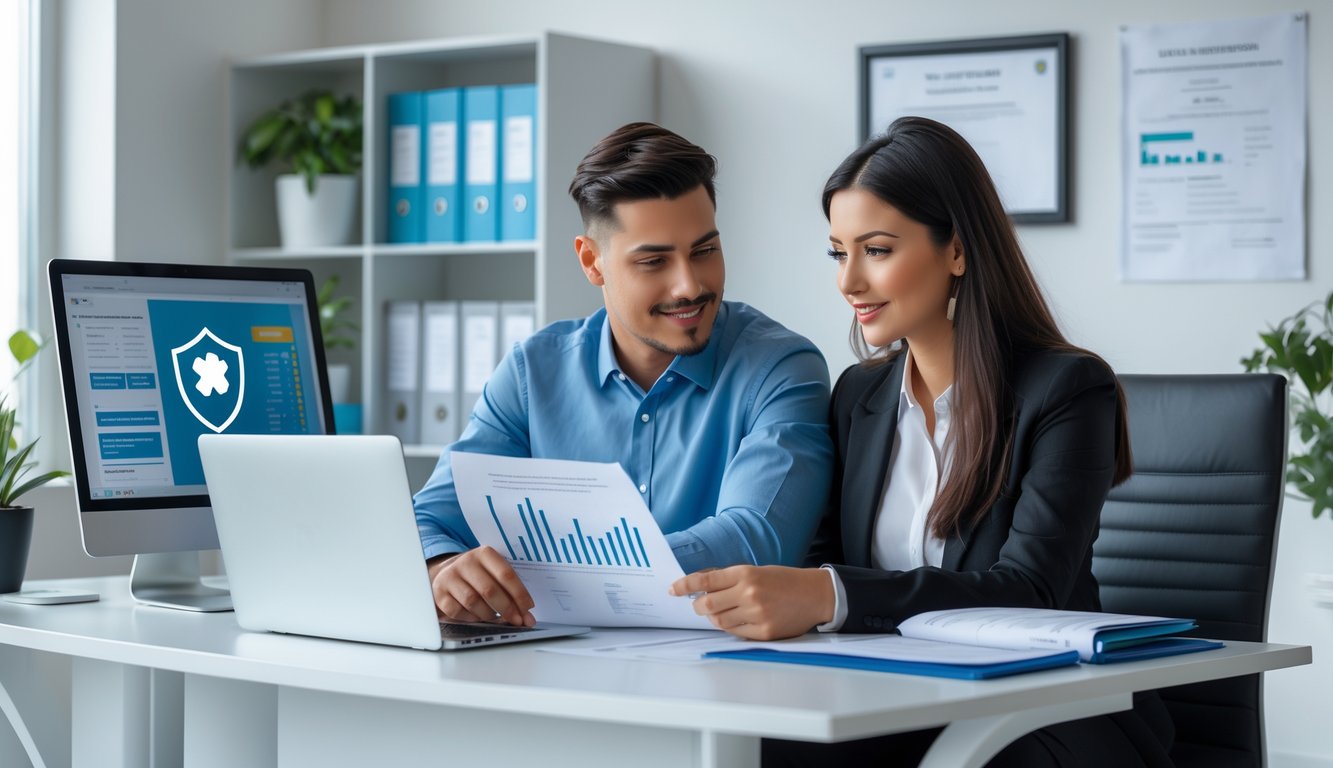 Dua orang muda duduk bersama di meja kantor modern, melihat dokumen dan layar laptop sambil berdiskusi serius.