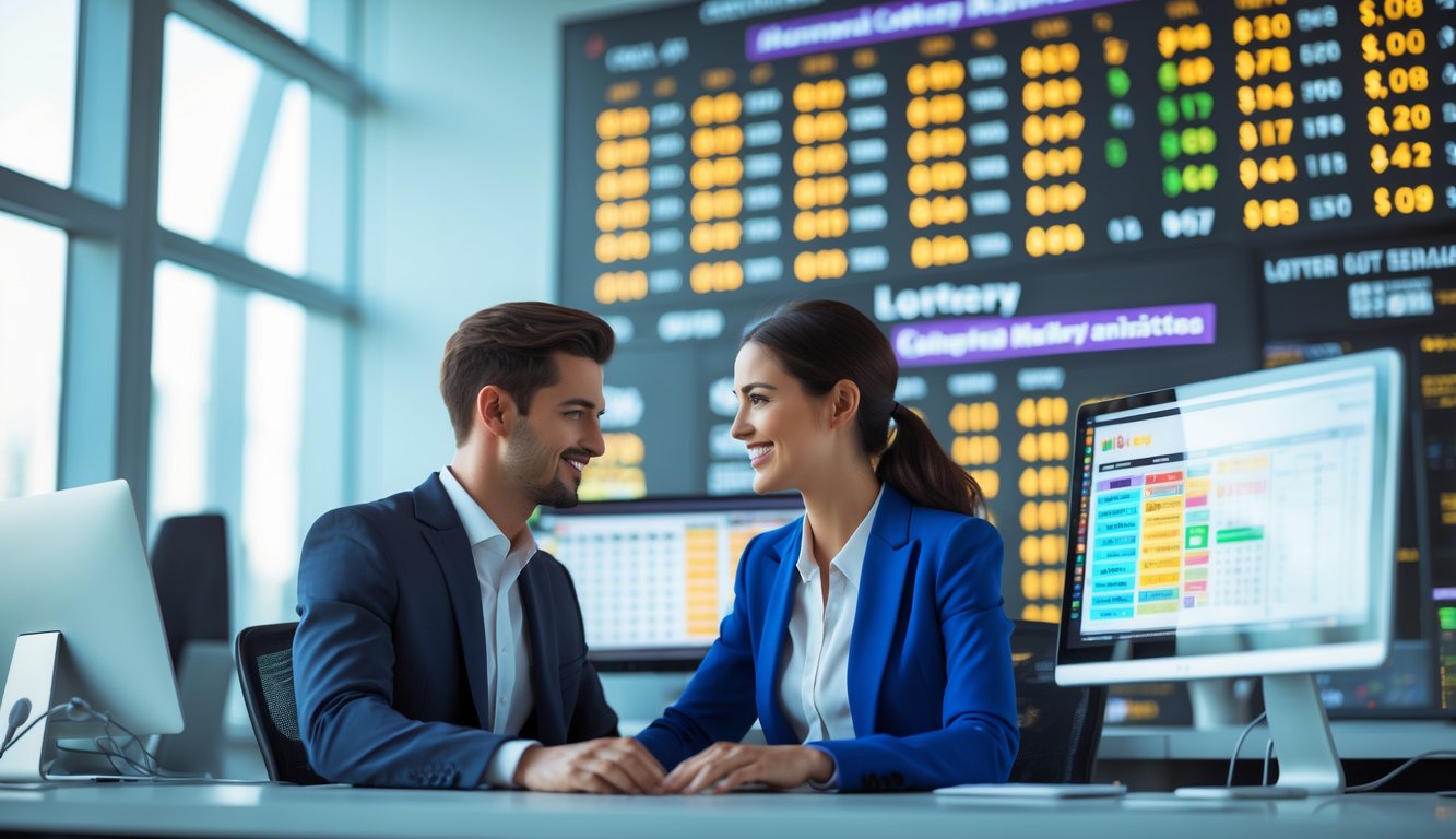 Seorang pria dan wanita bekerja bersama di kantor modern dengan beberapa layar komputer yang menampilkan angka lotre dan grafik.