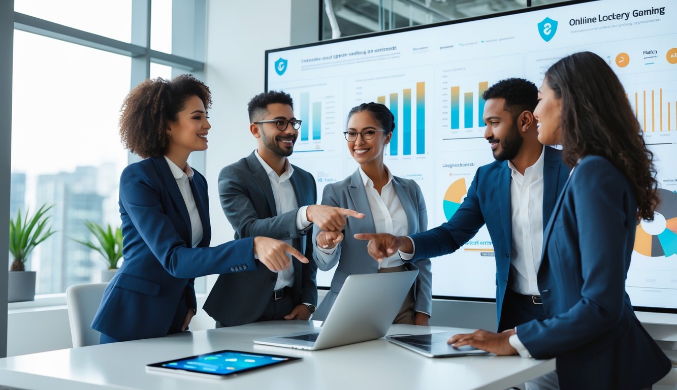 Sekelompok orang sedang berdiskusi di ruang kantor modern dengan layar digital menampilkan grafik data terkait permainan togel online.