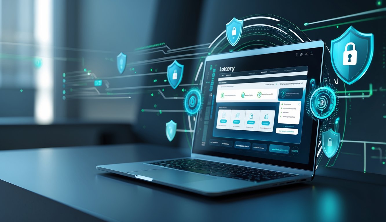 Antarmuka komputer dengan ikon keamanan digital yang melambangkan sistem keamanan tinggi pada situs togel online.