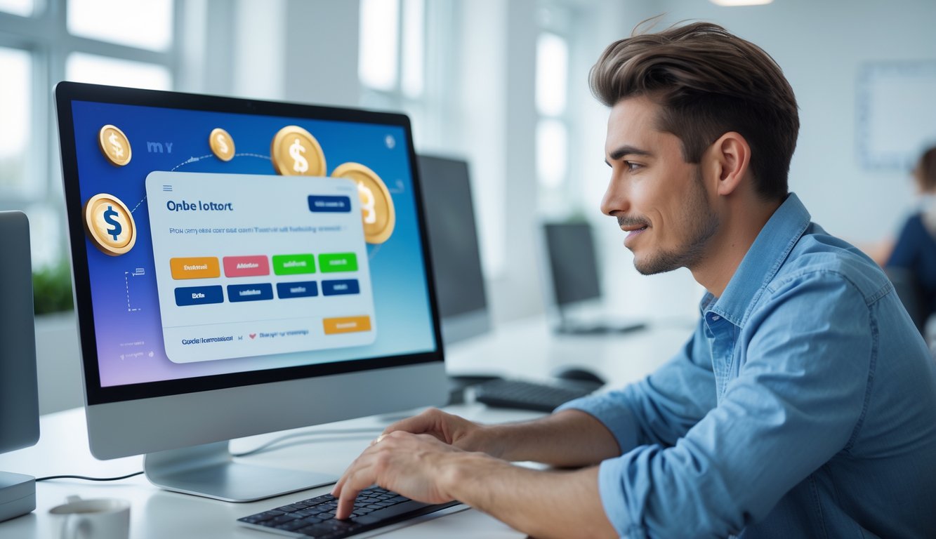 Seorang pengguna muda sedang menggunakan komputer dengan tampilan platform togel online di kantor yang terang dan bersih.