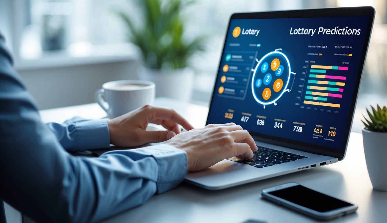 Seorang pria sedang menggunakan laptop di meja kerja dengan tampilan prediksi dan hasil togel online di layar.