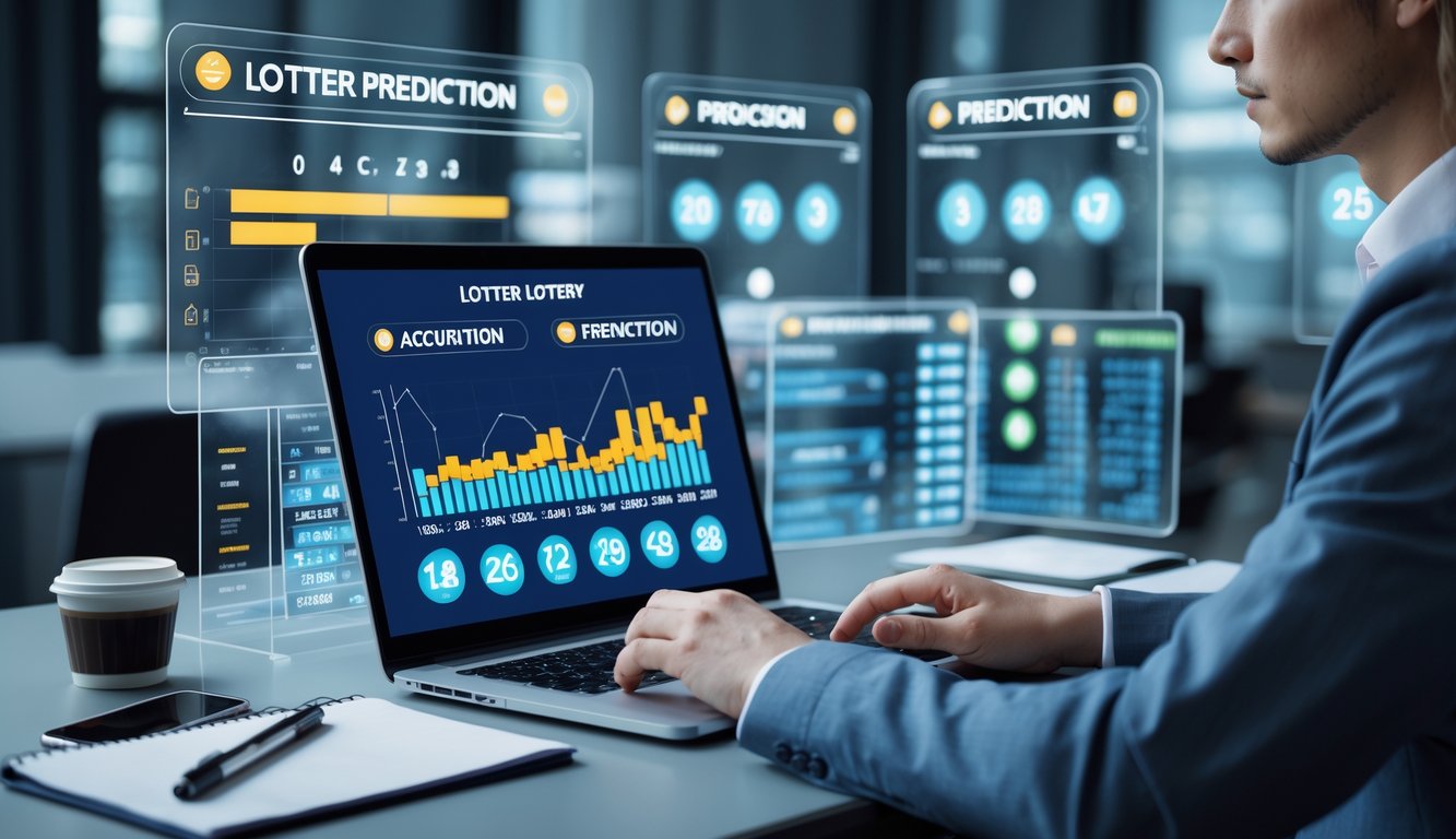 Seorang individu menggunakan laptop di meja kerja modern dengan layar menampilkan data prediksi togel dan hasil cepat.