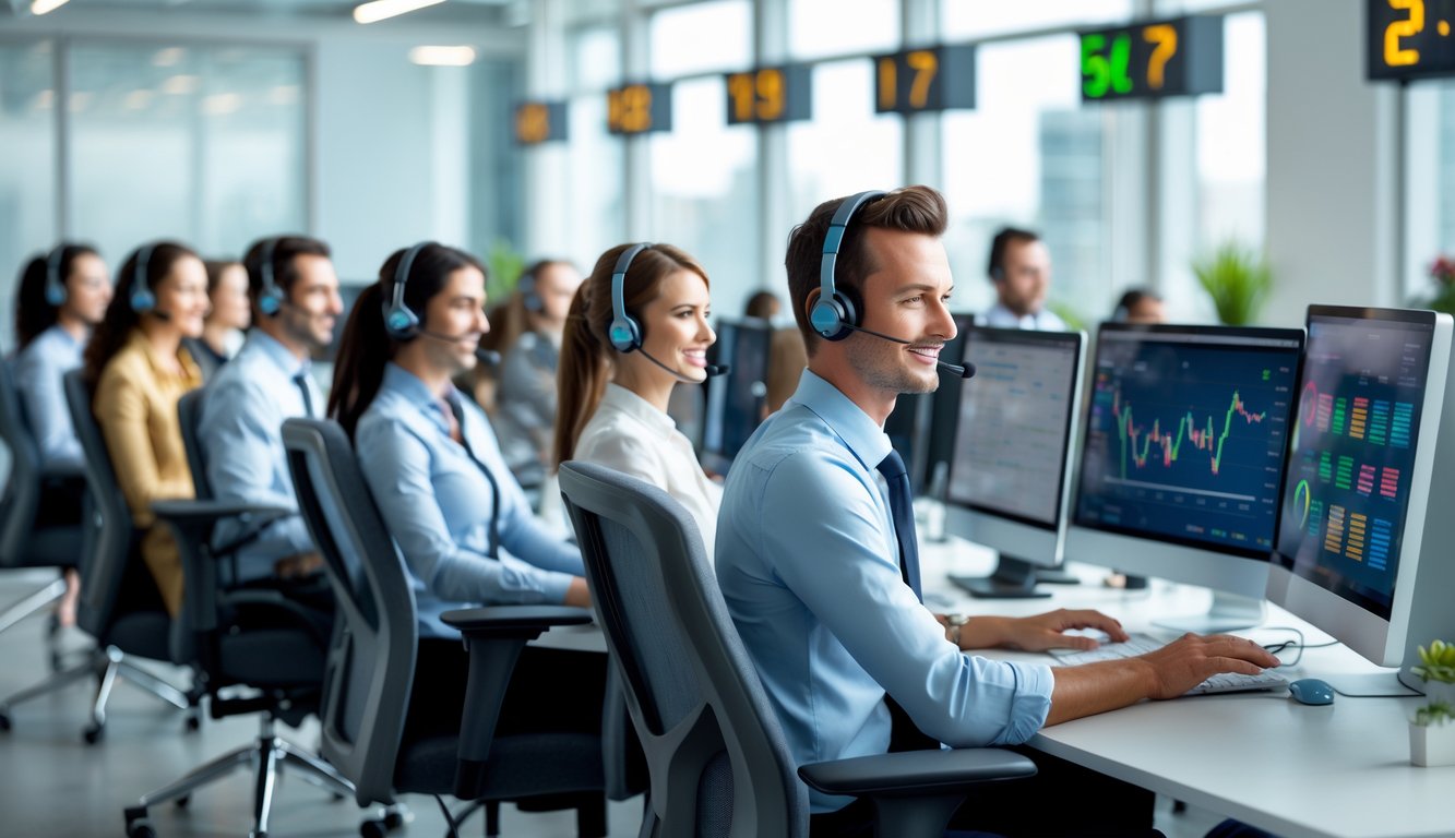 Tim layanan pelanggan yang ramah bekerja di kantor modern dengan komputer dan headset, menunjukkan layanan 24 jam.