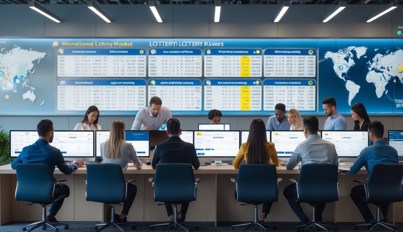 Orang-orang sedang melihat hasil lotere internasional di layar besar di sebuah kantor modern yang terpercaya.
