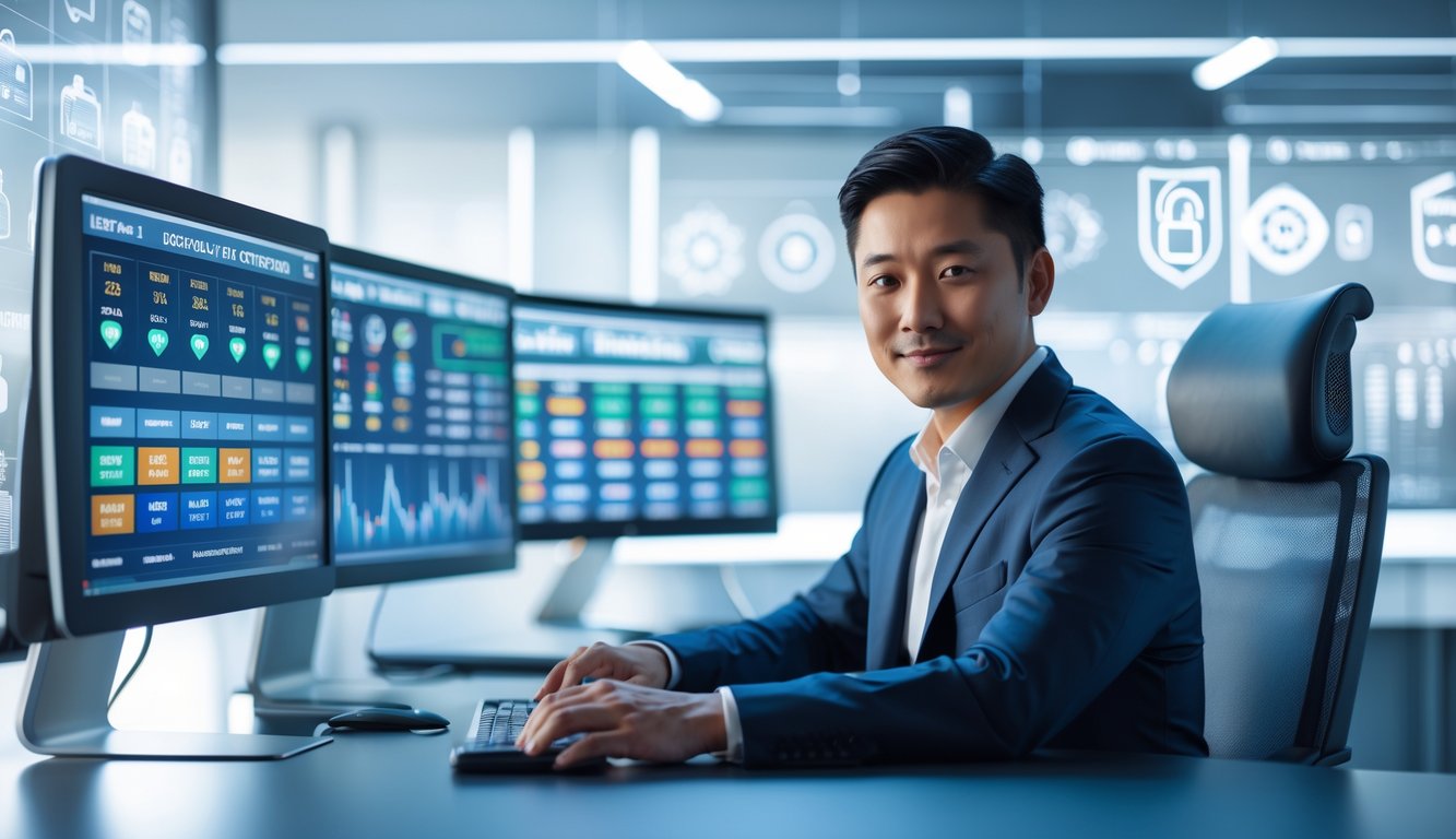 Seorang pria Asia profesional sedang bekerja di depan beberapa layar komputer yang menampilkan data pasar togel internasional di kantor modern yang aman.