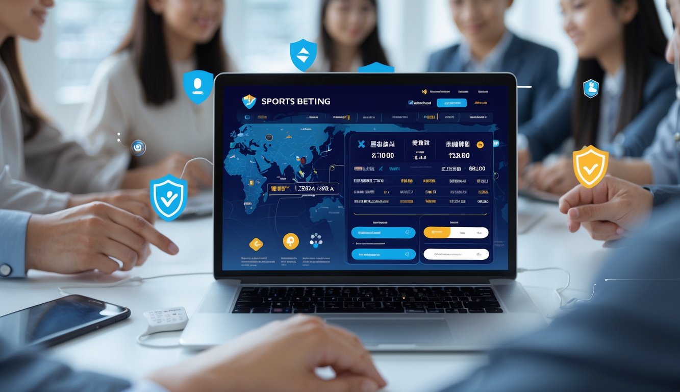 Seorang pria dan wanita menggunakan perangkat digital untuk memasang taruhan olahraga online dengan latar belakang peta Asia dan simbol kepercayaan.