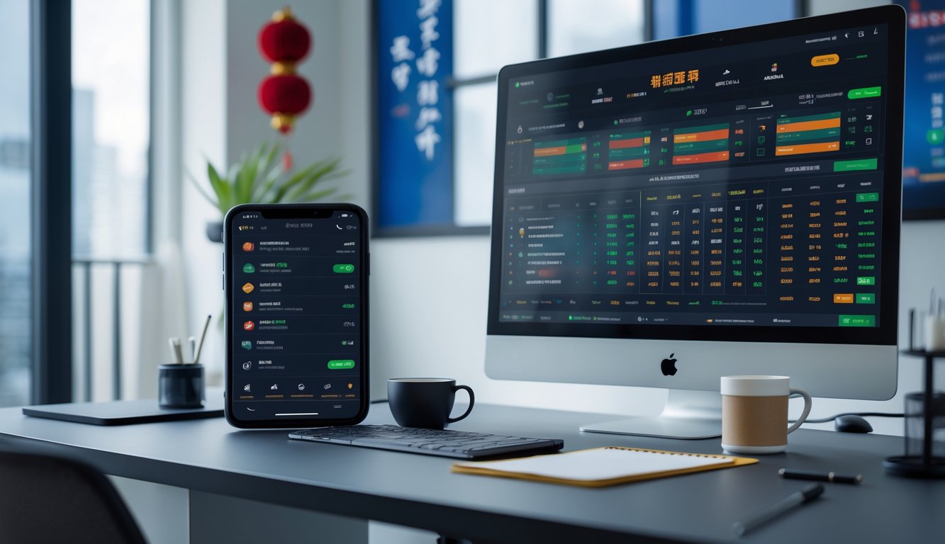 Meja kerja modern dengan komputer dan ponsel yang menampilkan aplikasi taruhan olahraga online, dikelilingi oleh peralatan kerja sederhana dan dekorasi yang menunjukkan suasana profesional dan terpercaya.