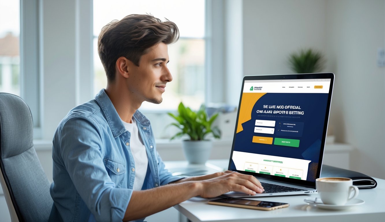 Seorang dewasa muda duduk di meja dengan laptop di ruang kerja rumah yang terang, tampak fokus menggunakan situs taruhan bola online resmi dan aman.