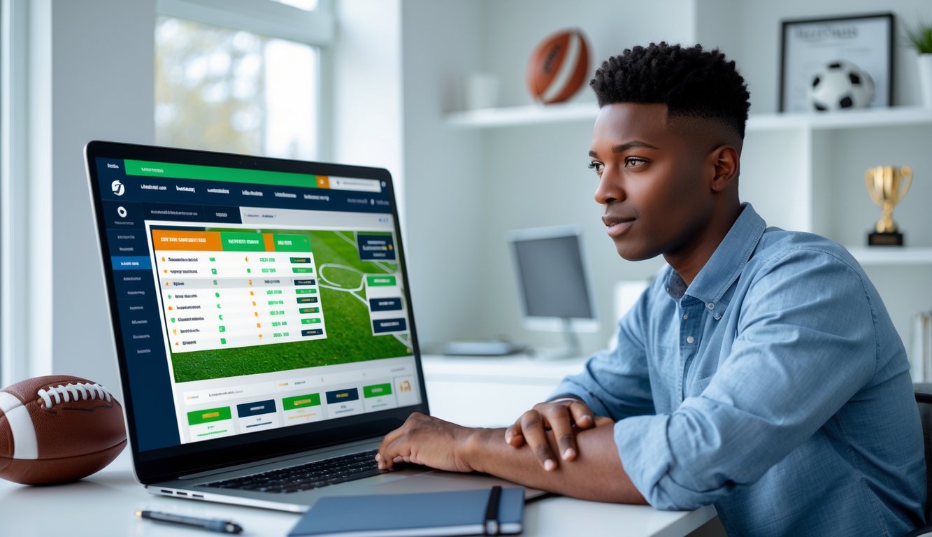 Seorang dewasa muda duduk di meja dengan laptop yang menampilkan situs taruhan bola online, di ruangan berisi memorabilia sepak bola.