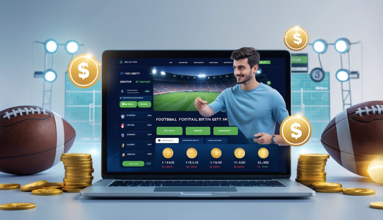 Seorang pria muda menggunakan laptop dengan tampilan situs taruhan bola online dan elemen terkait seperti koin digital dan ikon bonus di meja kerja modern.