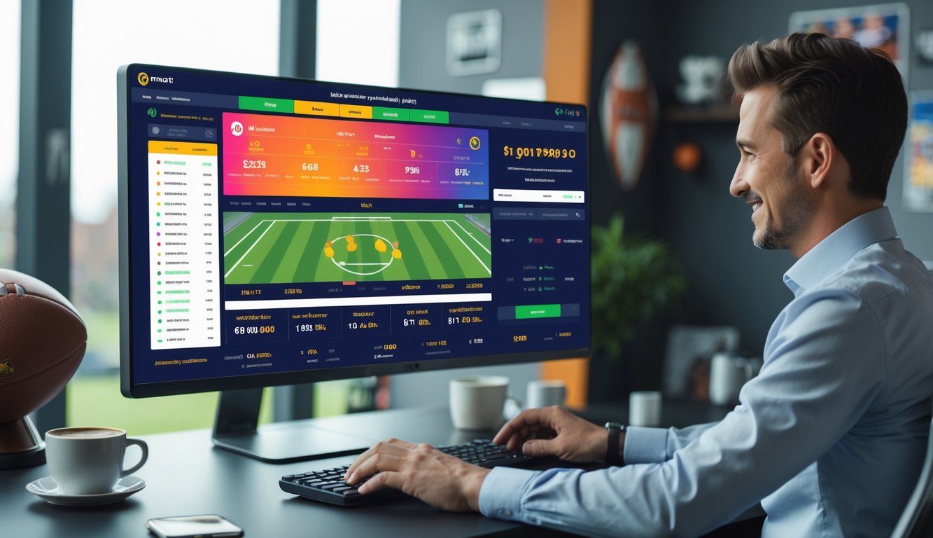 Seorang pria di ruang kerja modern menggunakan komputer dengan tampilan platform judi bola online yang menampilkan statistik pertandingan sepak bola.
