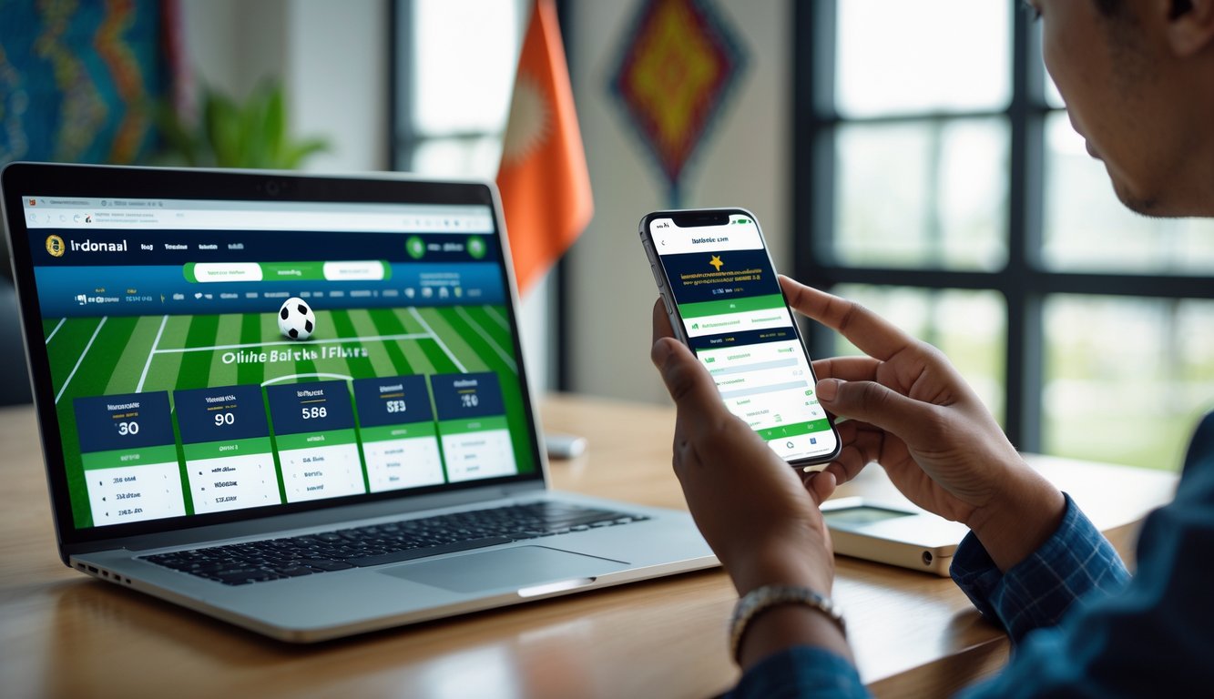 Seseorang menggunakan laptop dan ponsel di meja kerja dengan latar belakang elemen budaya Indonesia, menggambarkan memilih bandar bola online terpercaya dan legal.