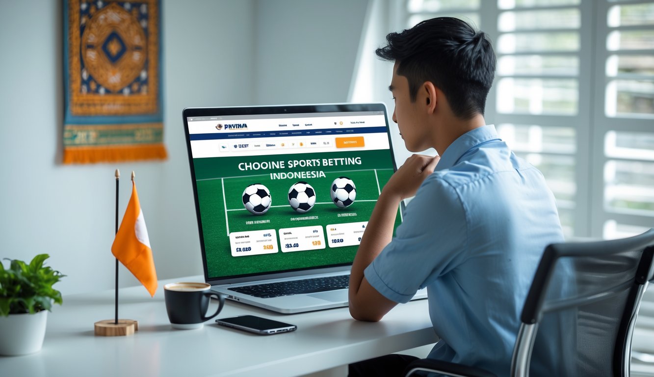Seorang dewasa muda duduk di meja dengan laptop yang menampilkan situs taruhan bola, terlihat serius dan fokus memilih platform taruhan yang aman.