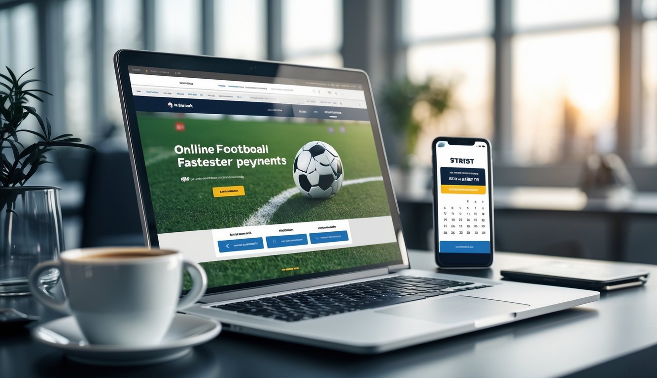 Meja kerja modern dengan laptop yang menampilkan situs taruhan bola, ponsel dengan konfirmasi pembayaran cepat, dan suasana kantor yang terang.