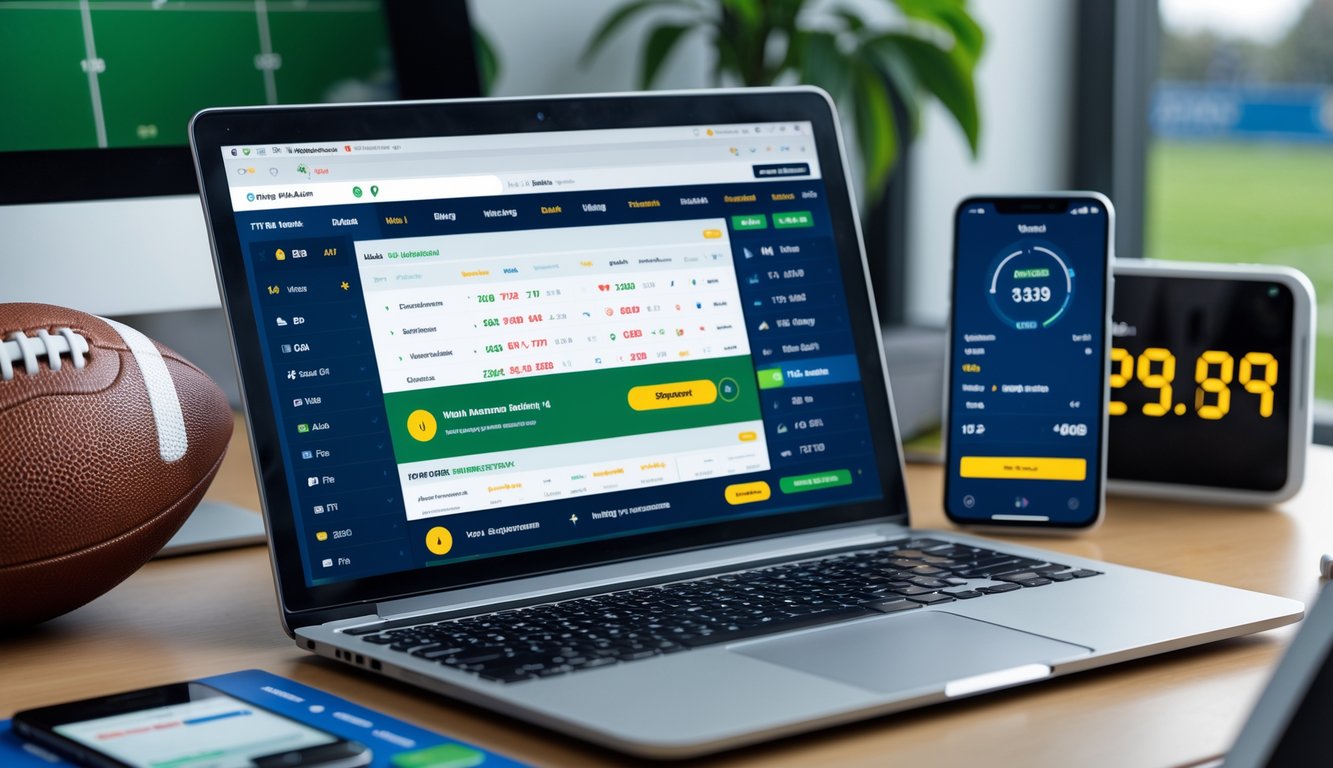 Meja kerja modern dengan laptop yang menampilkan situs taruhan bola online dan ponsel yang menunjukkan konfirmasi pembayaran cepat.