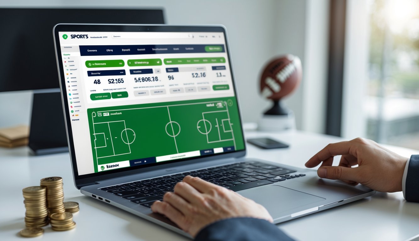 Seseorang menggunakan laptop dan ponsel untuk memasang taruhan bola online di meja kerja dengan koin kecil di sampingnya.