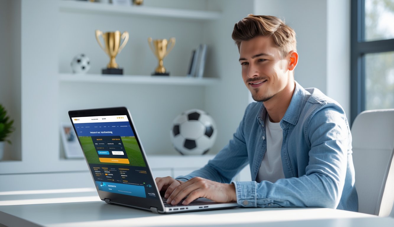 Seorang pria muda duduk di depan laptop di ruang kerja rumah yang terang, dengan bola sepak dan piala kecil di latar belakang.