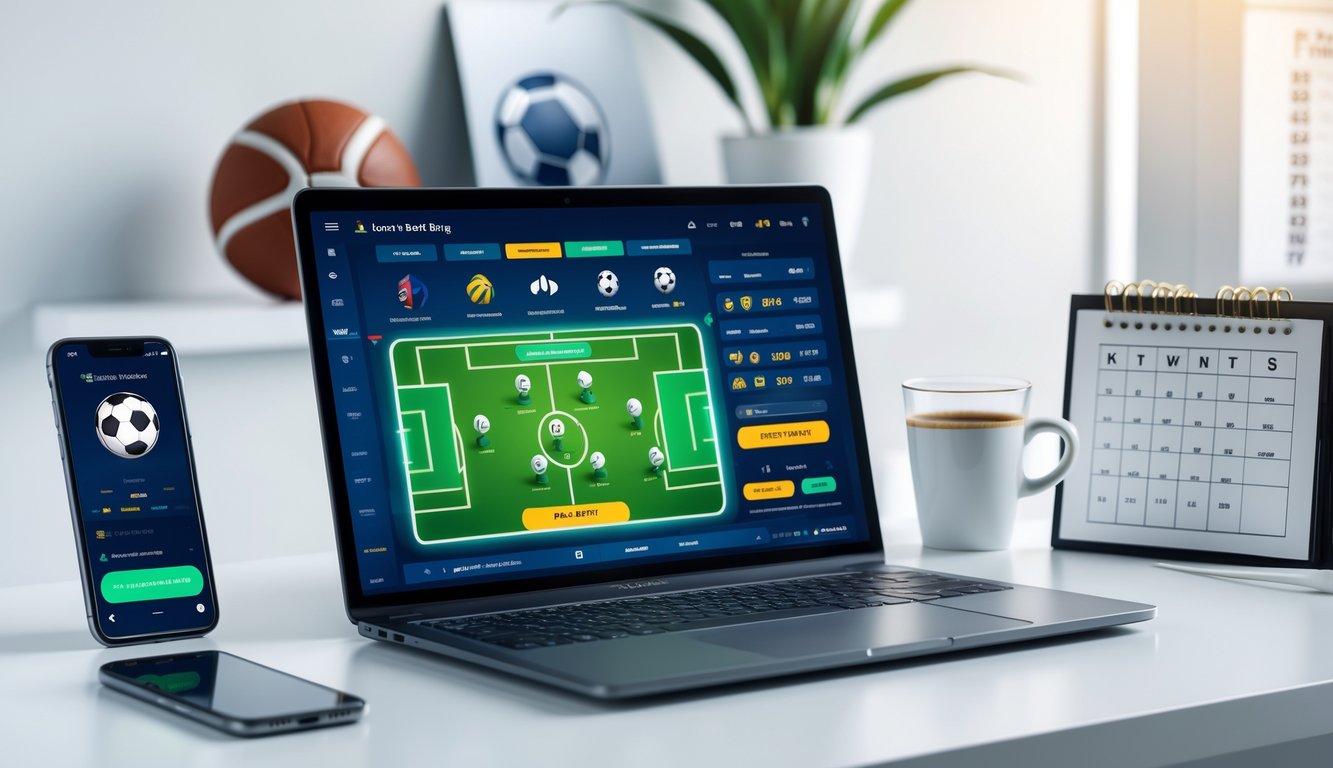 Seorang profesional bekerja di depan laptop dengan tampilan platform judi bola online terpercaya, dikelilingi oleh ponsel, jam digital, dan bola sepak di latar belakang.